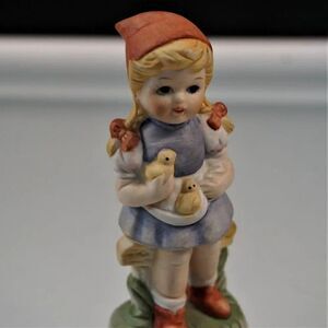 Porcelain Figurine Vintage 1970s Girl Holding Two Baby Chicks
